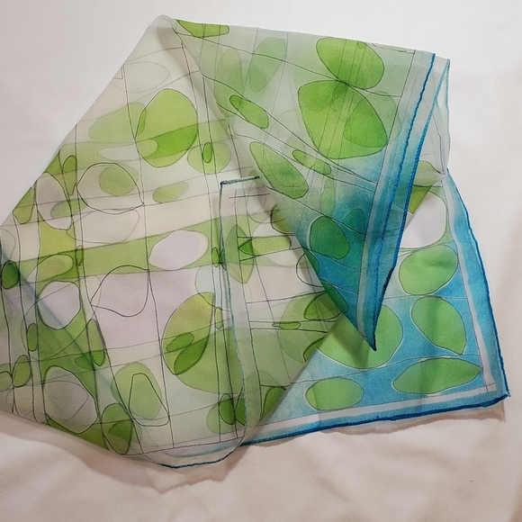Vintage Whispy White Green and Blue Psychedelic Bubble Grid Square Scarf - Picture 11 of 12